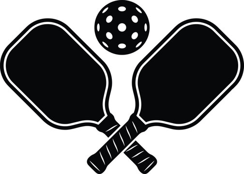 Silhouette vector illustration of two crossed pickleball paddles and one ball, solid black sports equipment