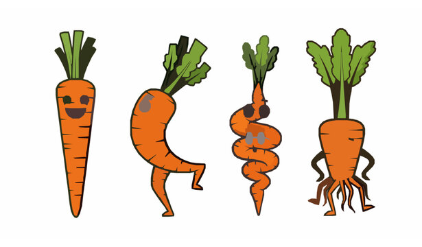 Cartoon vector illustration of four carrots with straight, twisted, and multi-legged shapes isolated on white