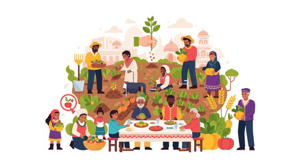 Fototapeta premium Diverse Community Engaged in Sustainable Farming, Harvesting, and Shared Meals Illustration