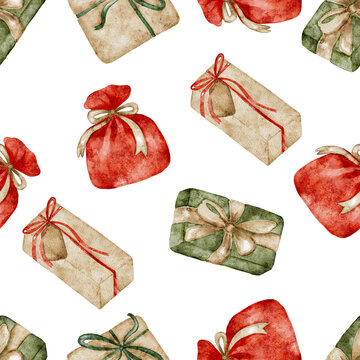 Watercolor christmas gift boxes seamless pattern background.