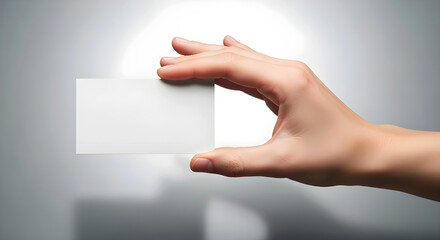 Fototapeta premium A hand holding a blank white business card on a gray background with a light source