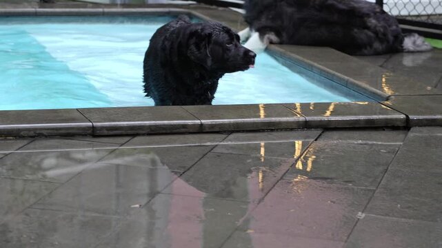 Dogs playing in a swimming pool, fun pet outdoor scene, wet furry friends, splash action, cute animal lifestyle video.