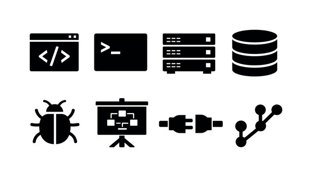Software engineering process: code bracket window, terminal prompt screen, server rack unit, database cylinder stack, bug insect symbol, flowchart diagram board, API plug connector
