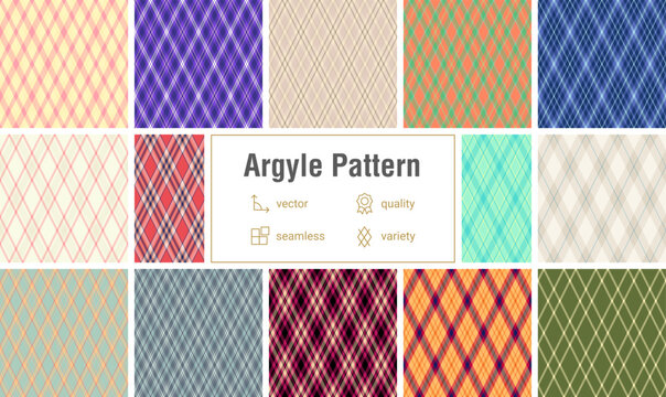 Argyle bundle created for diary covers. Stylish diamonds repeats create consistent seasonal and profesional looks. Vector format allows resizing.