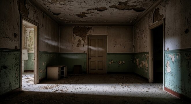 Abandoned room with peeling paint walls.