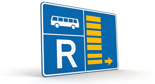 High Quality, Professional Blue road sign with white bus and letter R and yellow arrows Stock Photo, AI Generated