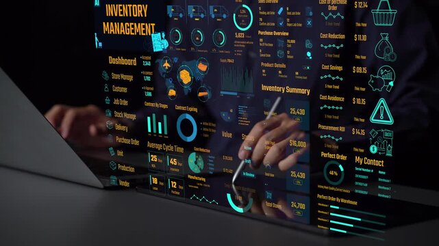Inventory management dashboard showing supply chain performance, stock levels, order cycle times, cost reduction, and procurement ROI. Inventory tracking, and streamline warehouse efficiency. Thunk