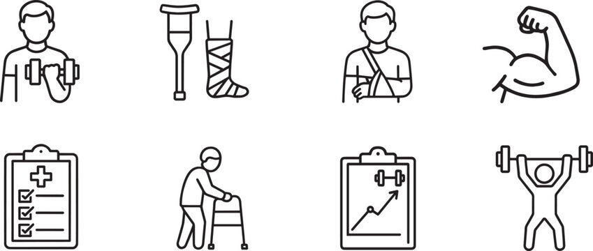 A collection of linear icons representing physical therapy, injury recovery, and fitness training isolated on transparent background