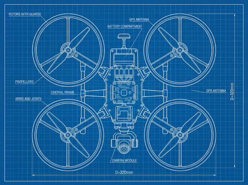Blueprint schematic of a drone with labeled components and top-down view