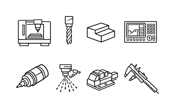 CNC machining workflow: cnc machine, cutting tool bit, metal workpiece, control panel screen, spindle motor, coolant spray, clamp vise, measurement caliper