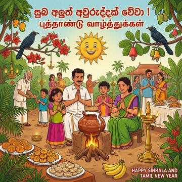 Cheerful children in traditional attire extending warm greetings for a Happy Sinhala and Tamil New Year, surrounded by festive cultural symbols