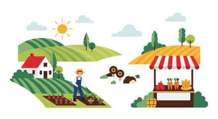 Fototapeta premium Farmer Working in Garden & Local Produce Market Stall. Flat Design Illustration of Rural Agriculture, Sustainable Food Production & Healthy Eating.