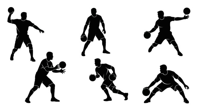 Silhouette of a dodgeball player in various action poses, isolated on white background