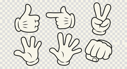 Fototapeta premium Set of six cartoon hands in white gloves showing various gestures like thumbs up, pointing, peace sign, open hand, and a fist on a transparent background.