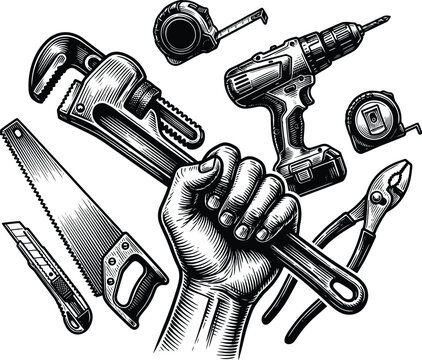 Hand holding monkey wrench surrounded by various building tools vector illustration in vintage style