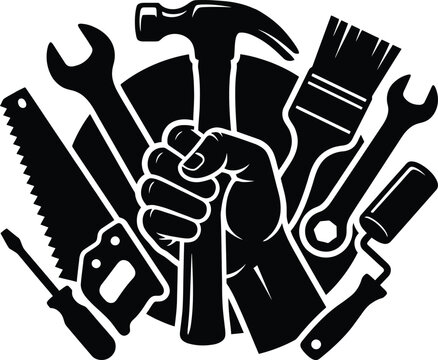Set of construction tools held by fist and pump with motor on checkered background vector silhouette