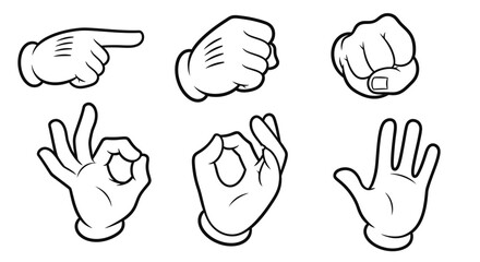 Fototapeta premium Six black and white cartoon hands showing various gestures like pointing, fists, and OK signs, in a classic animation style.