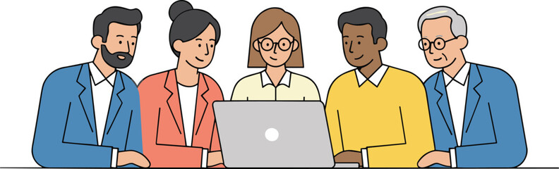 Fototapeta premium Diverse business team of five people looking at laptop screen together during collaborative meeting project.