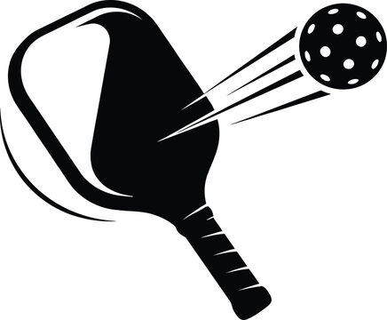Stylized pickleball paddle swinging through air with motion trails hitting ball silhouette isolated vector illustration
