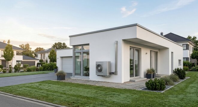 Modern home exterior with sleek silver air conditioning unit and well-manicured lawn