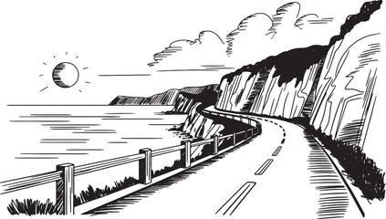 Scenic coastal road drawing with ocean view and steep cliffs under cloudy sky in hand drawn sketch. Vector illustration © MstSima