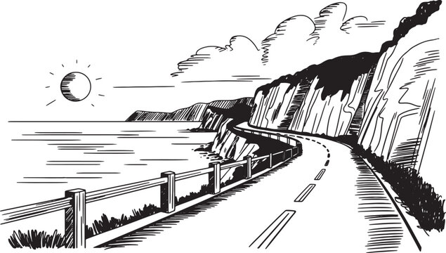 Scenic coastal road drawing with ocean view and steep cliffs under cloudy sky in hand drawn sketch. Vector illustration