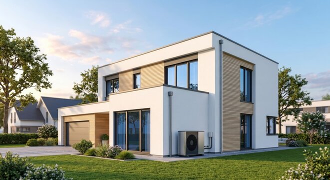 Modern home exterior design with white and wood accents in suburban neighborhood