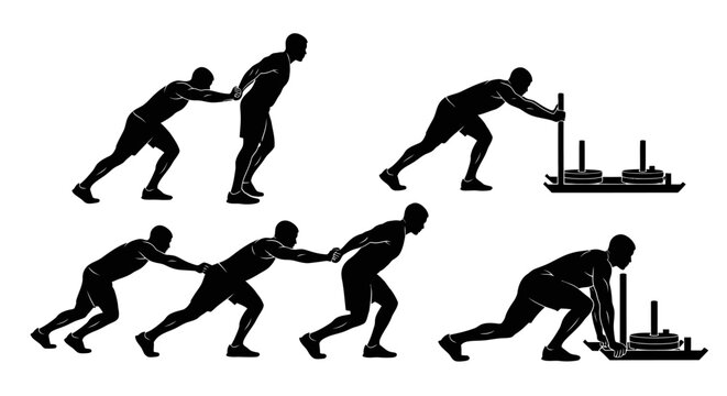 Silhouettes of people pushing and pulling a weighted sled