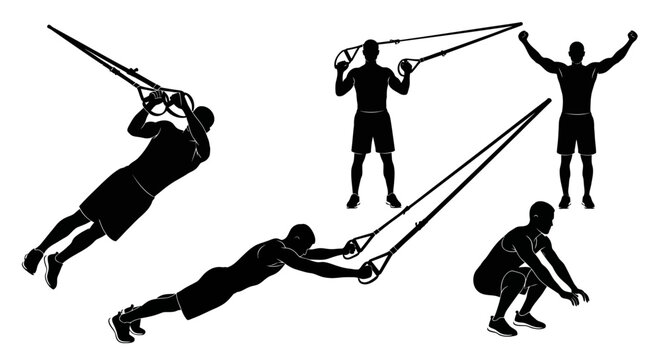 Fitness silhouette: Man doing TRX suspension training exercises, workout variations