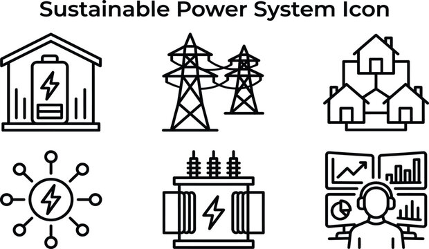 Sustainable power system icon set featuring energy storage towers transmission lines and smart grid monitoring symbols