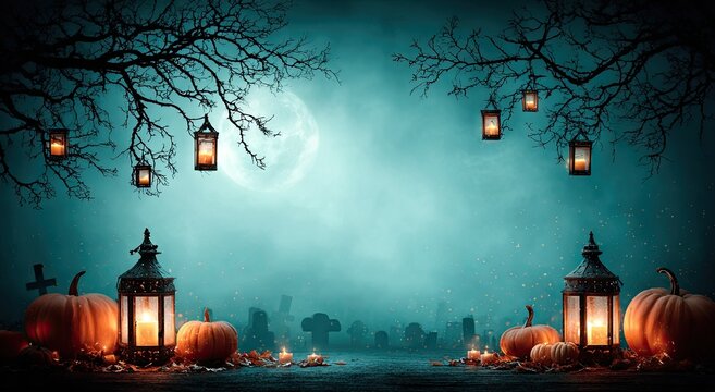 Halloween night scene with pumpkins lanterns and bare trees silhouette