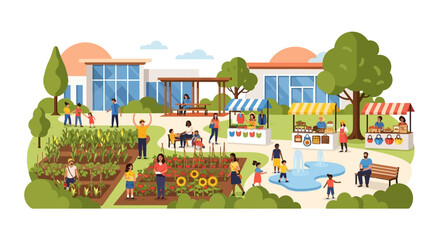 Fototapeta premium Lively Community Garden and Farmers Market Scene: People Cultivating, Shopping, and Connecting with Nature and Local Produce