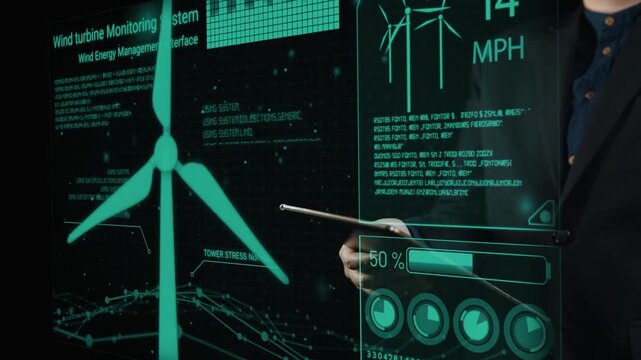 Explore a high-tech wind turbine monitoring system interface showcasing vital energy metrics and performance indicators in a sustainable green technology environment. Cipher