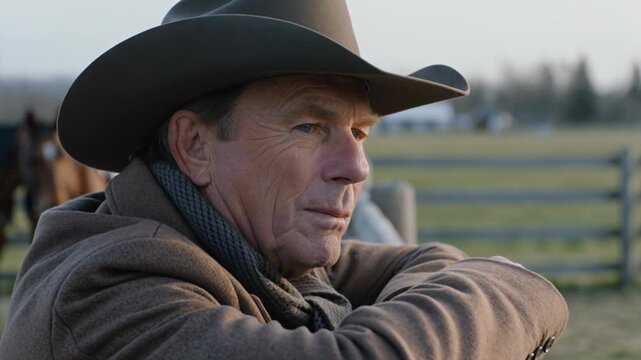 Man in cowboy hat looking out at a rural landscape with a fence and horses