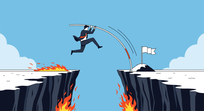 Brave businessman using a pole to vault over a dangerous fiery chasm reaching towards a white flag on the other side of the cliff.