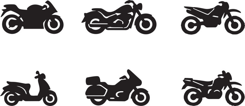 Motorcycle Silhouette Collection: A diverse compilation of motorcycle silhouettes, perfect for illustrating the variety and forms of two-wheeled transportation.