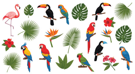 Obraz premium Large collection of colorful tropical birds like parrots flamingos and toucans mixed with exotic palm leaves and hibiscus flowers.