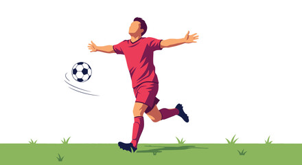 Naklejka premium Illustration of a male soccer player in a red uniform celebrating a goal on a green field with a soccer ball.