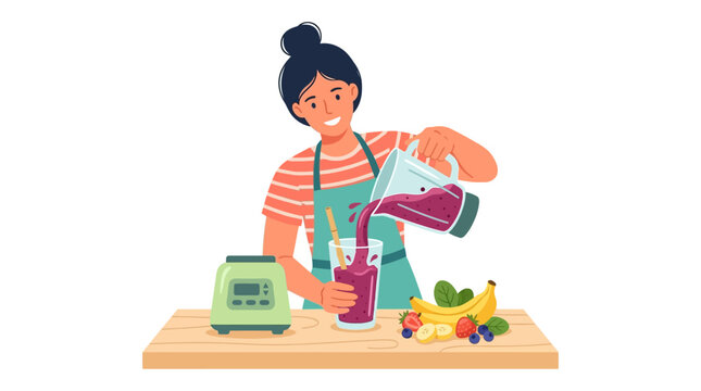 Woman pouring fresh berry smoothie into glass.