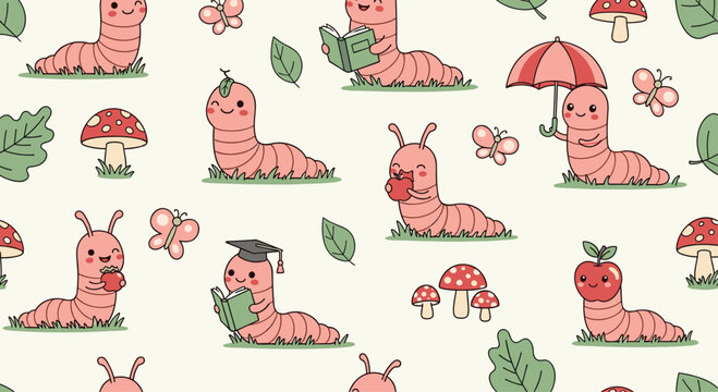 Seamless pattern featuring cute pink caterpillars engaged in activities like reading eating apples and wearing a graduation cap.