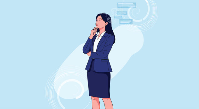 Professional woman in a blue suit standing and thinking deeply with her hand on her chin against a background with abstract thought bubbles.
