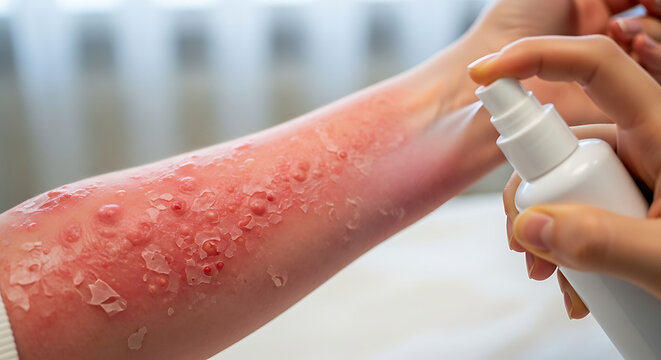 Woman applying calamine lotion to red itchy skin rash on arm close-up in bright natural light
