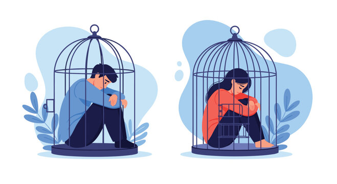 Man and woman both sitting sadly inside individual birdcages symbolizing loneliness social isolation or feeling trapped in life.
