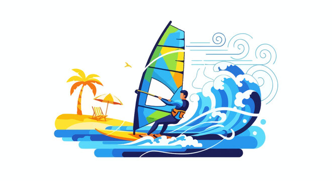 Windsurfer riding a large wave with colorful sail.