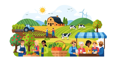Naklejka premium Lively Farm and Farmers Market Scene: Sustainable Agriculture, Fresh Produce, Happy Farmers, and Diverse Community