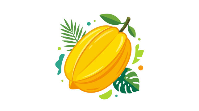 Vibrant Yellow Star Fruit with Tropical Leaves Illustration.