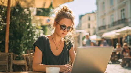 Spring Summer outdoor leisure relaxation activity. A vivid outdoor portrait of a woman seated at a wooden table in a Europeanstyle cafe. She intently focused on her laptop.