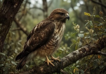 Fototapeta premium juvenile hawk perched on a mossy branch in a lush forest.