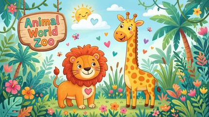 Obraz premium Animal World Zoo: A whimsical illustration of a lion and a giraffe in front of an Animal World Zoo sign, evoking a cheerful and playful atmosphere.