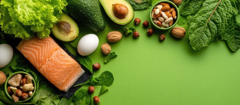 Healthy food assortment with salmon avocado eggs and nuts on green background